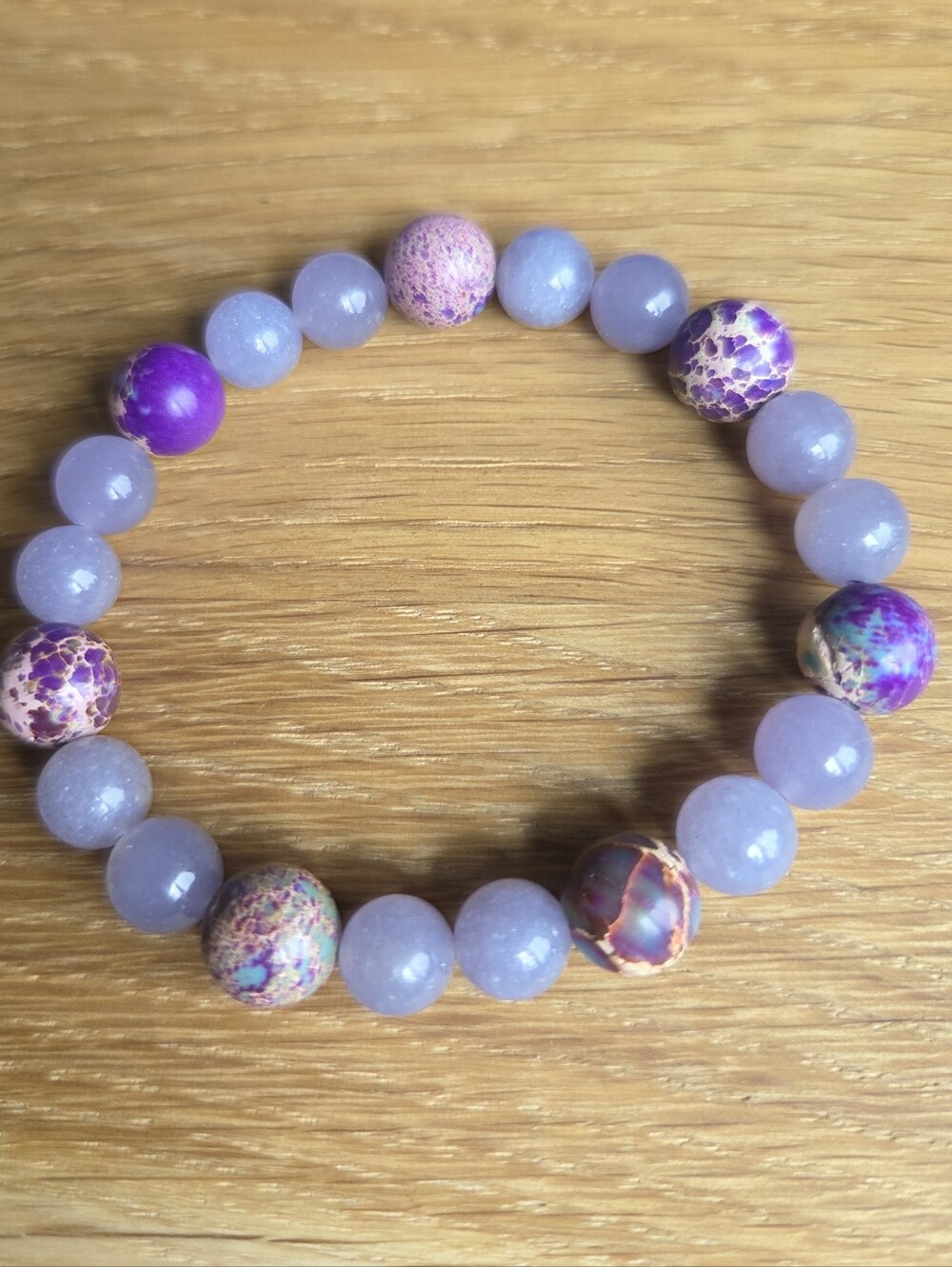 Hand Crafted Lavender Lepidolite and Sea Sediment Jasper Beads Stretch Bracelet - Picture 4 of 11